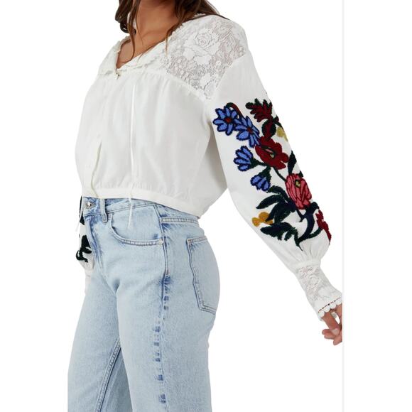 Free People Meadows Embroidered Long Sleeve Top Womens Small White Floral New - Picture 2 of 10